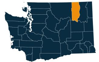 A dark blue map of Washington state with Ferry County highlighted in orange.