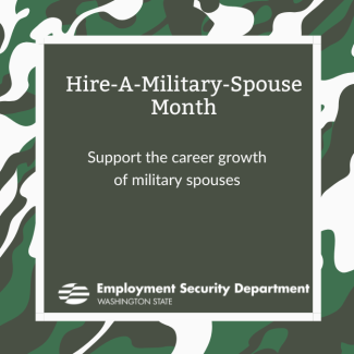 Square camouflage border with words in the middle: Hire-A-Military-Spouse Month. Support the career growth of military spouses
