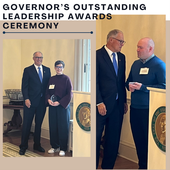 Matt LaPalm and Danielle Cruver stand with Governor Jay Inslee to accept their awards