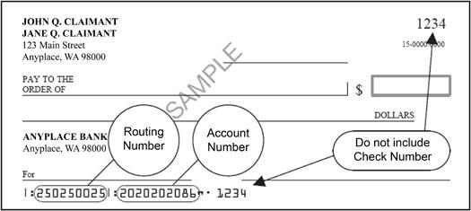 Image of a paper check, with notes indicating where to find routing and account numbers.