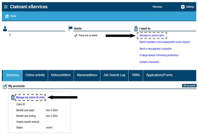 Screenshot of eServices. The "Manage my active claim" and "Manage my active UI claim" links have a black dotted line around them and a black arrow pointing to them.