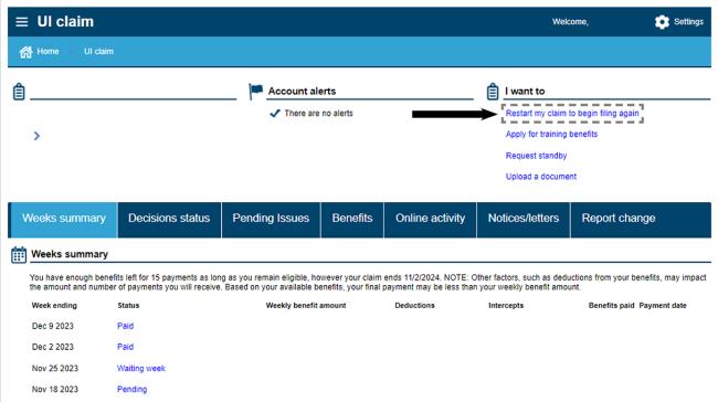 Screenshot of claimant eServices. The "Restart by claim to begin filing again" link has a dotted black line around it and a black arrow pointing to it.