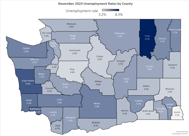 This is the unemployment rate map showing the unemployment rates in Washington state counties.