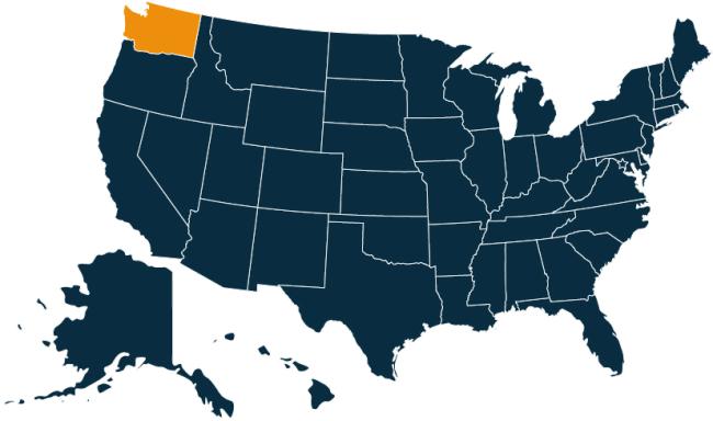 A map of the United States with Washington state highlighted in orange.