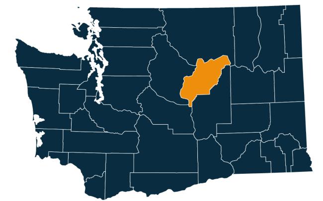 A dark blue map of Washington state with Douglas County highlighted in orange.