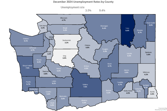 This map shows the unemployment rates in Washington state counties.