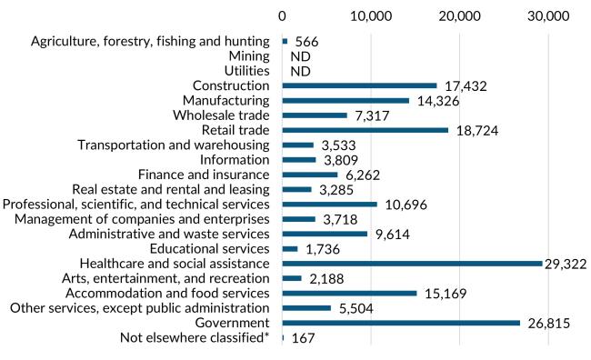 A bar graph showing the 2023 annual average industry employment in Clark County.