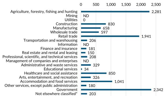 A bar graph showing the 2023 annual average industry employment in Douglas County.