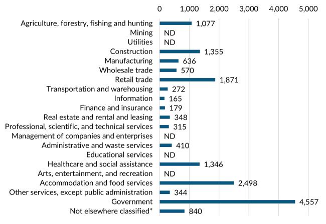 A bar graph showing the 2023 annual average industry employment in Kittitas County.