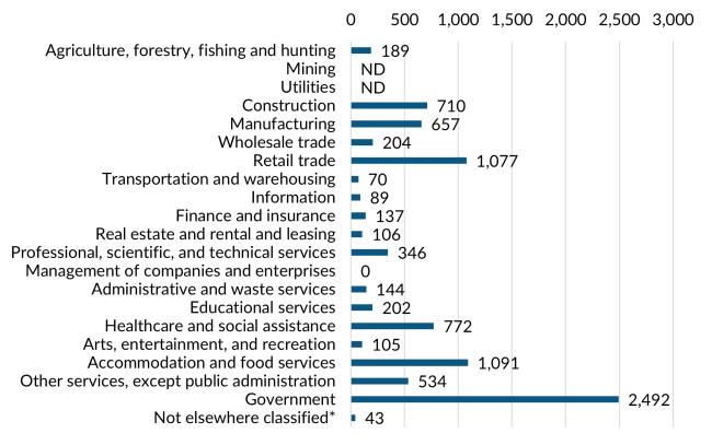 A bar graph showing the 2023 annual average industry employment in Jefferson County.