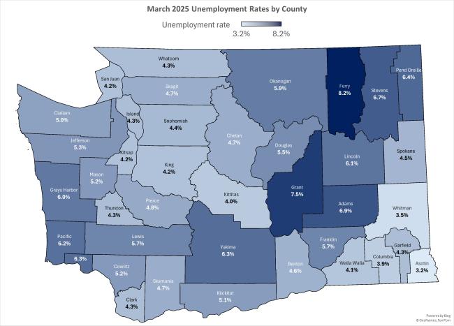 This map shows the unemployment rates for Washington state counties for March 2025.