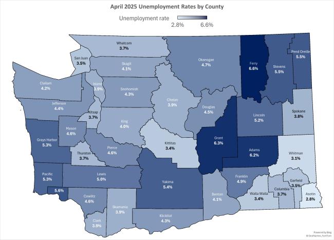 This map shows the unemployment rates by county for April 2025.