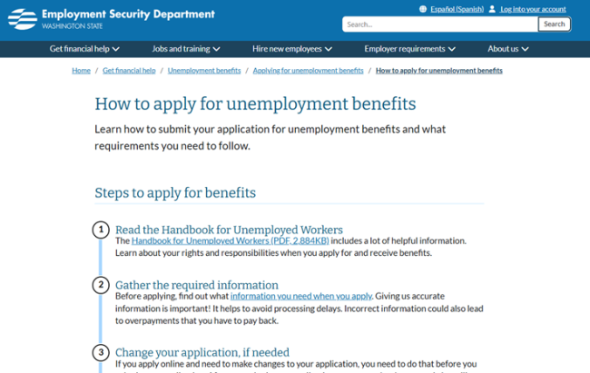 Picture of the How to apply for unemployment benefits page on esd.wa.gov