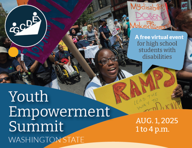 Colorful flyer showing a group of people marching in support of disability rights. Includes the GCDE logo and the words "Youth Empowerment Summit."