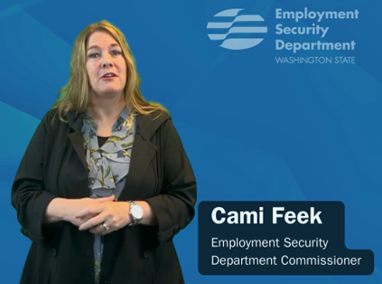 Screenshot of Commissioner Cami Feek welcoming job seekers to a hiring event for displaced federal and state government workers. She's standing in front of a blue background with the ESD logo.