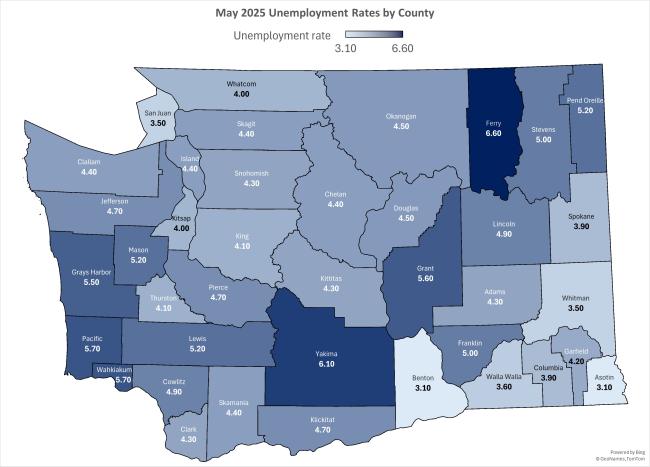 County unemployment rate map for May 2025