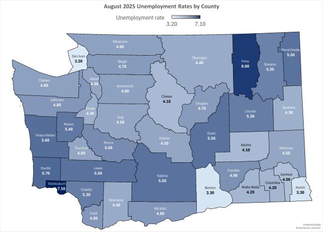Washington state unemployment rate map by county for August 2025