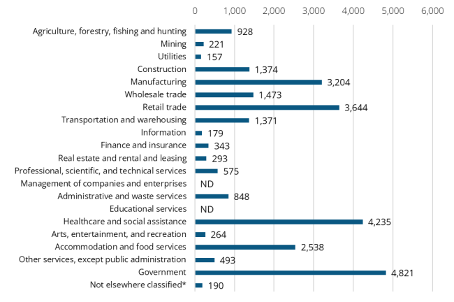 A bar graph showing the 2024 annual average industry employment in Lewis County
