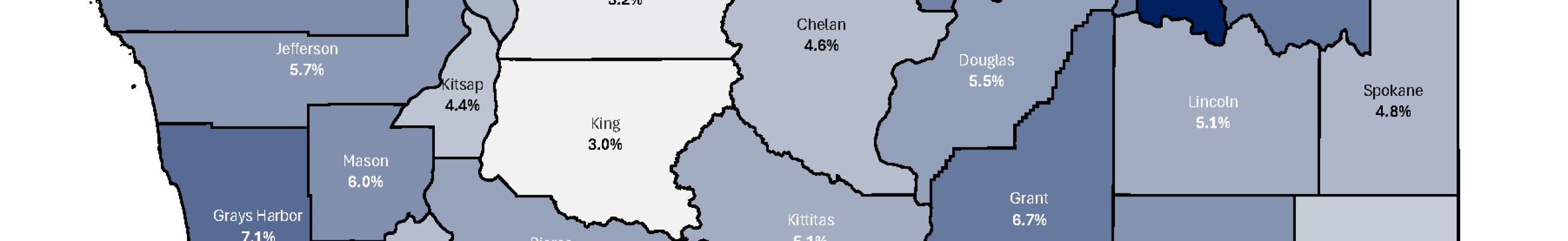 This map shows the unemployment rates in Washington state counties.